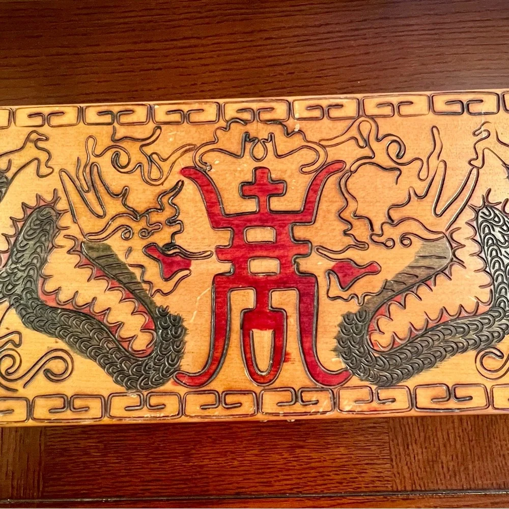 Vintage Asian‎ Theme Jewelry/Music Box Carved Dragons Red Velvet Lining Mirrored